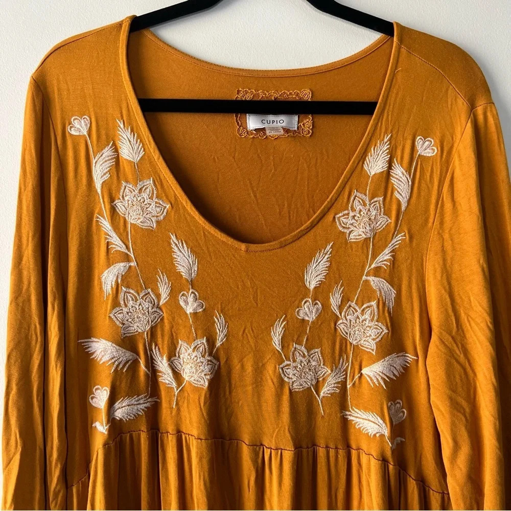 Cupio Yellow Embroidered Midi Dress Boho Hippie Floral Relaxed Fit Sz L - Picture 2 of 6